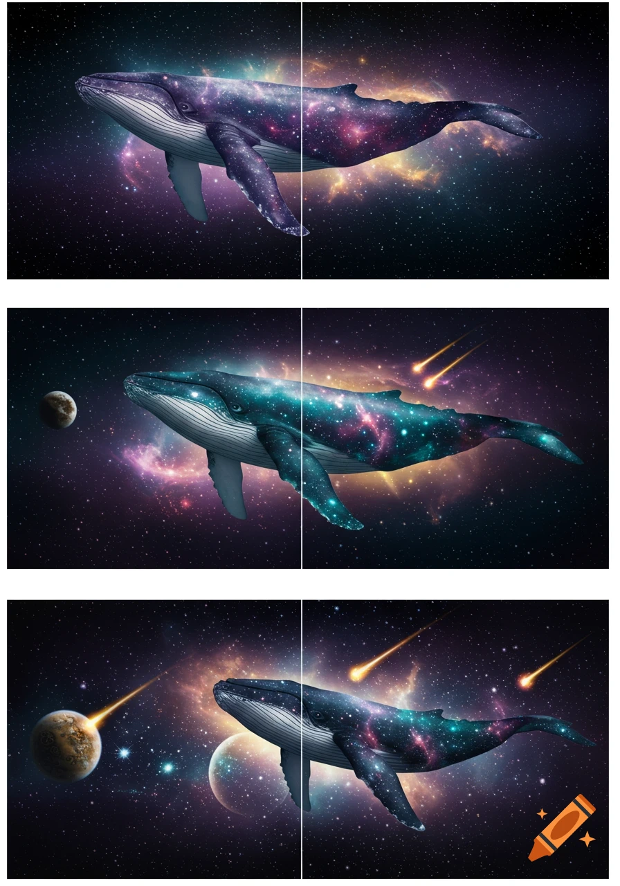 Whales swimming through a vibrant, star-filled galaxy with planets and streaking meteors, depicted across multiple panels.