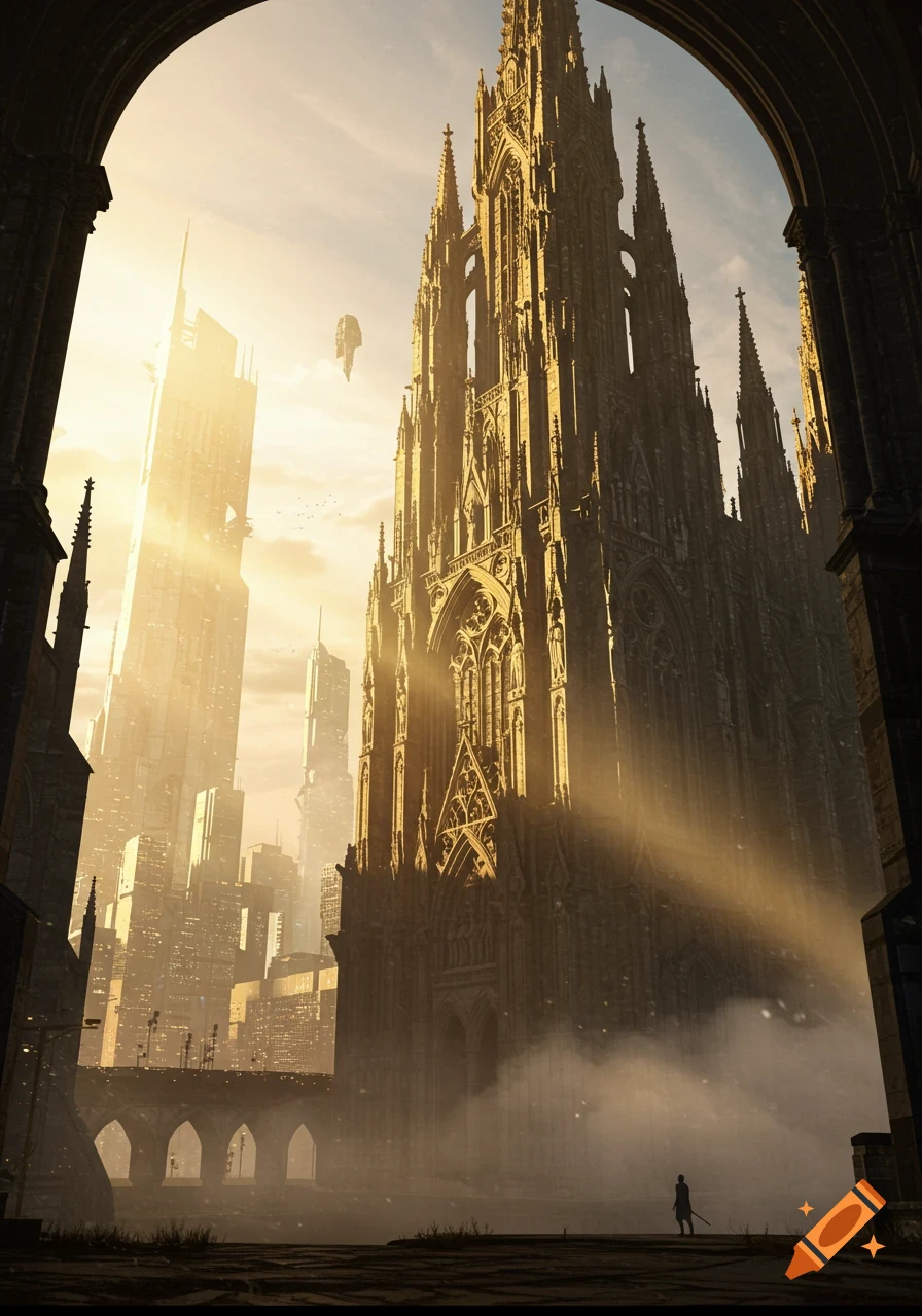 Dramatic view of a tall gothic cathedral dwarfing a futuristic city, illuminated by sunrise, with a lone figure standing in the foreground.