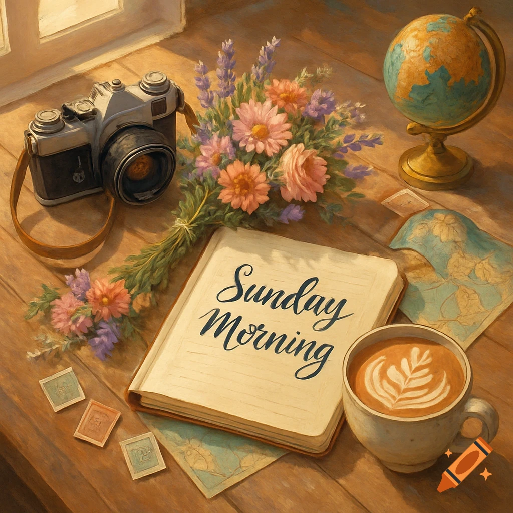 Painterly still life of a vintage camera, wildflowers, notebook with 'Sunday Morning', globe, and a latte on a wooden table.
