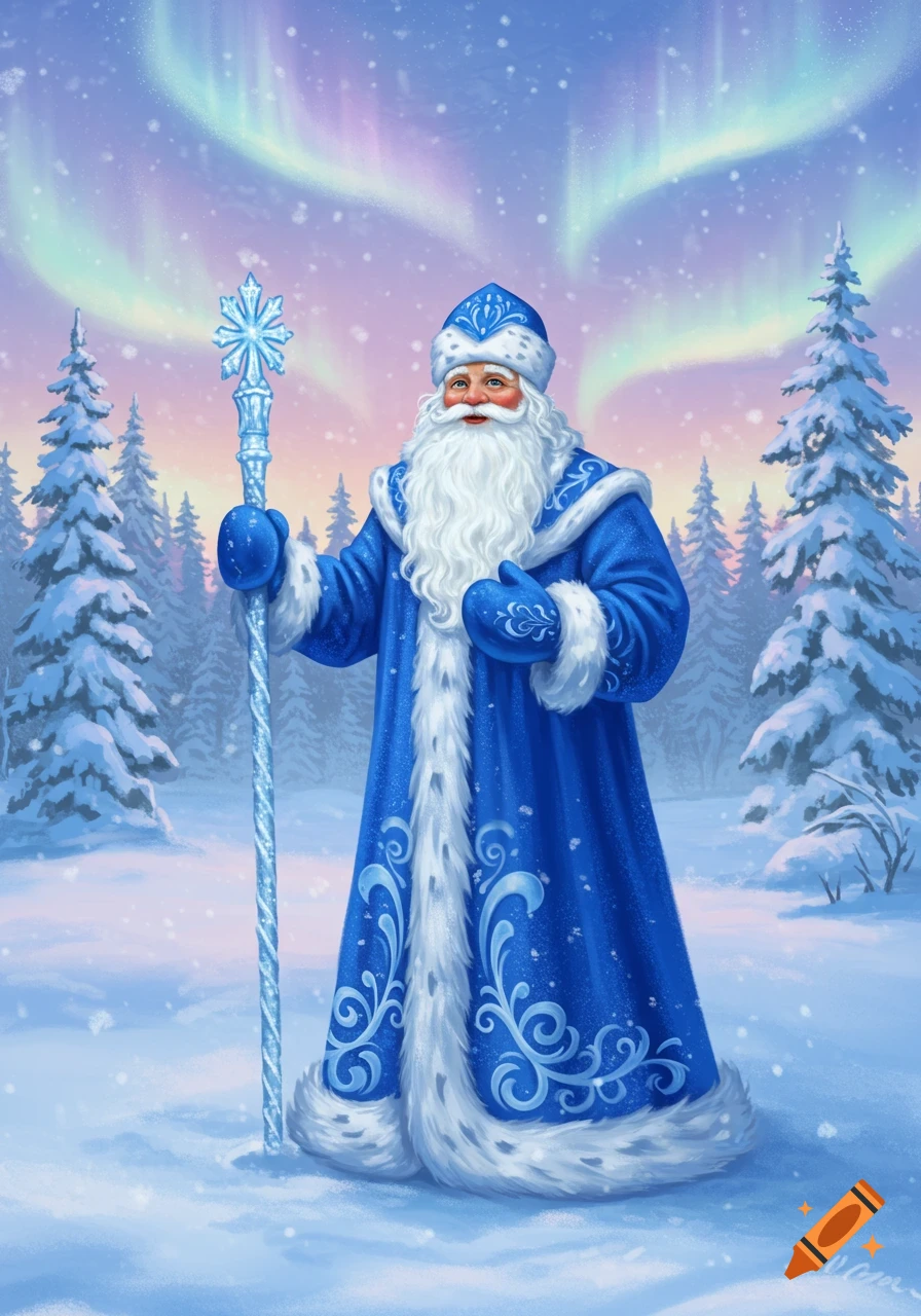 Ded Moroz in a blue fur-trimmed coat holds an ice staff in a snowy forest under a vibrant aurora borealis, digital painting style.