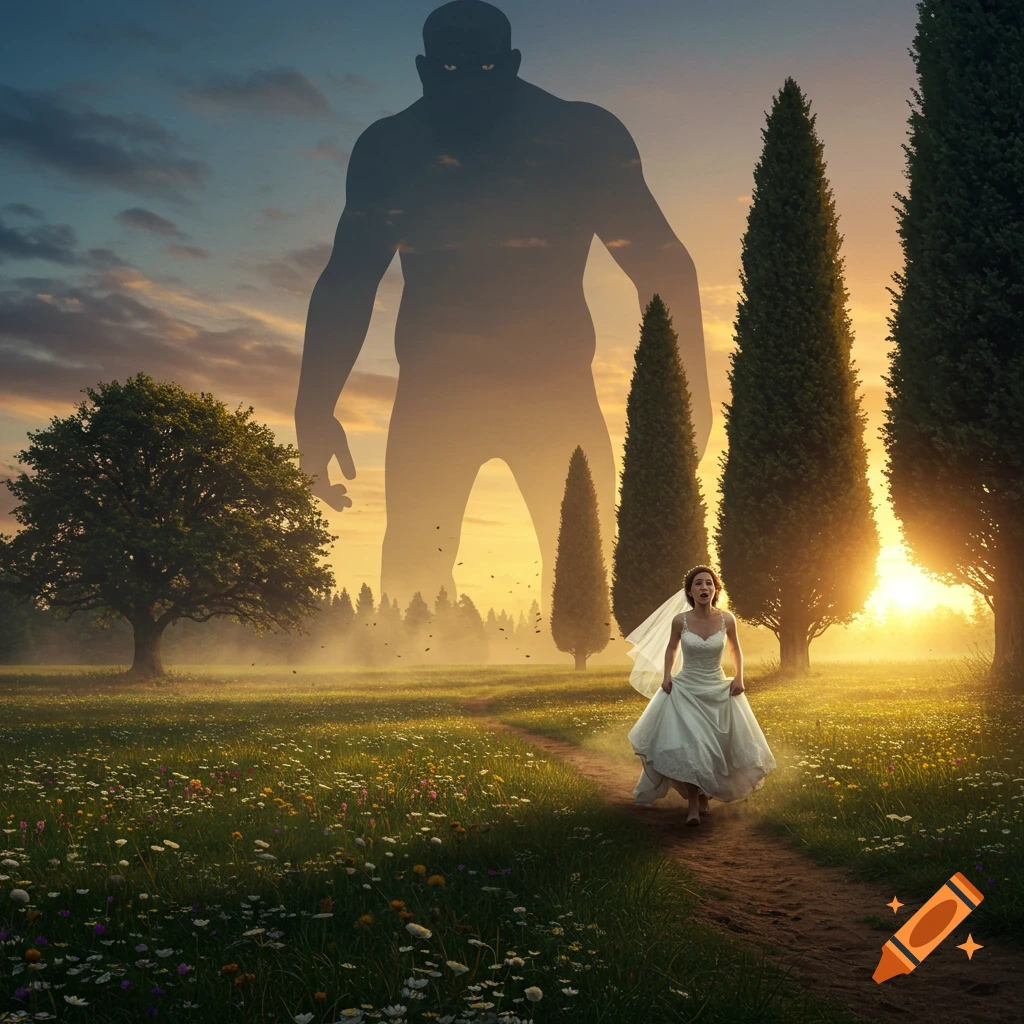 A giant's silhouette looms over a field at sunset as a bride in a white dress runs down a dirt path, fleeing in terror.