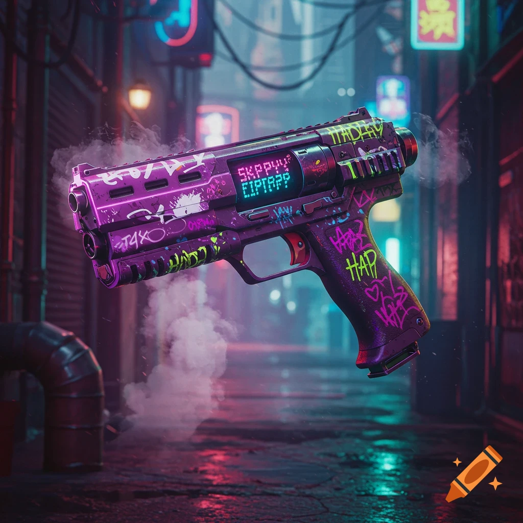 A stylized, graffiti-covered purple handgun with a digital display, floating amidst smoke in a neon-lit cyberpunk alley.