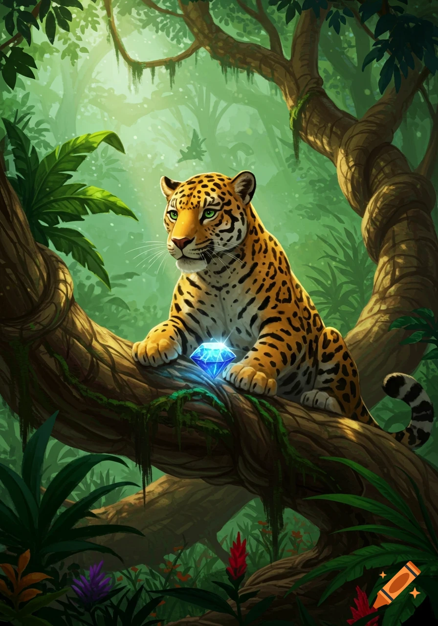 A stylized jaguar with green eyes sits on a thick tree branch in a lush jungle, guarding a glowing blue diamond.