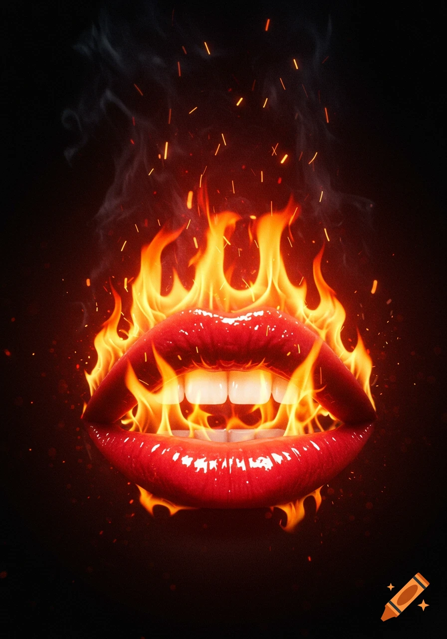 Glossy red lips with bright orange and yellow flames erupting from the mouth on a dark background.