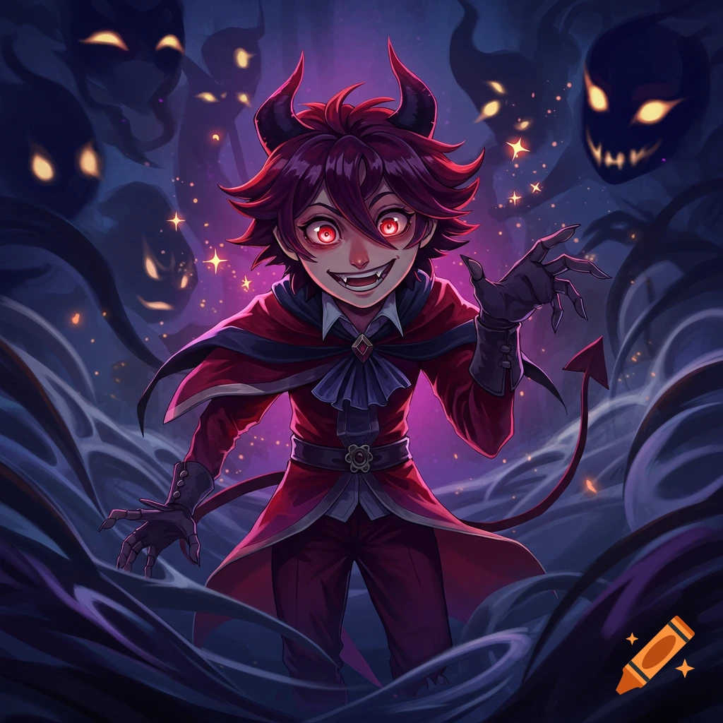 A red-haired anime devil boy with horns, fangs, and red eyes grins menacingly, surrounded by shadowy figures and dark mist.