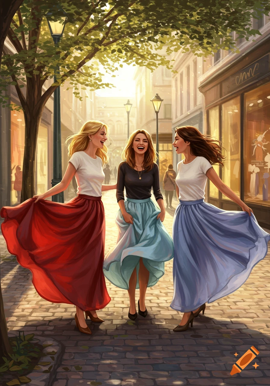 Three women in red, blue, and light blue skirts laugh as they walk on a sunny cobblestone street in a vibrant illustration.