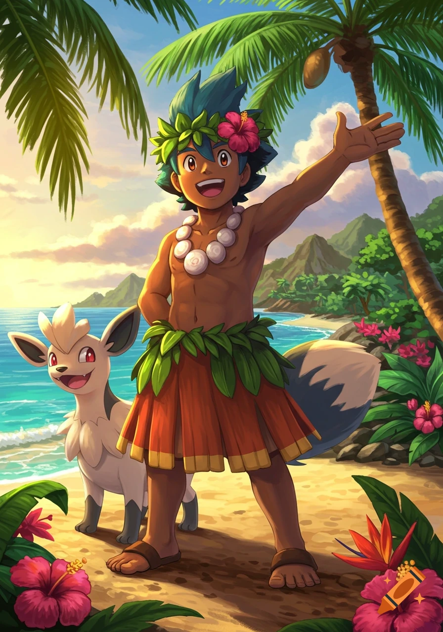 A smiling anime boy in a leaf skirt and lei waves next to a dog-like Pokémon on a sunny tropical beach.