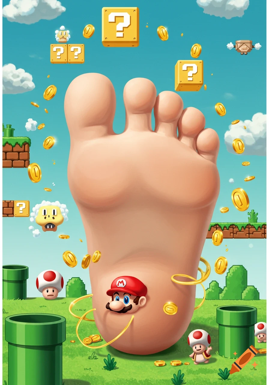 A giant human foot with Mario's head on the sole, surrounded by Super Mario coins, question mark blocks, and characters in a bright landscape.