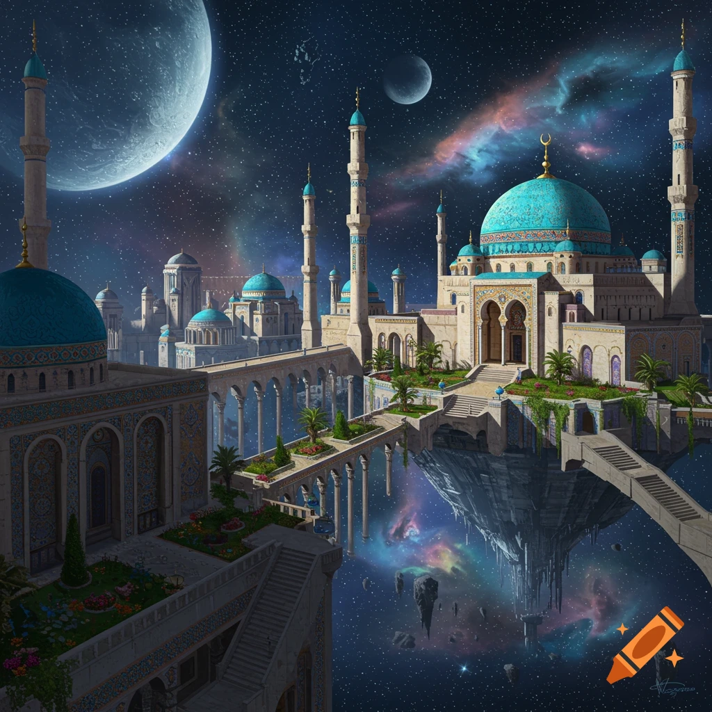 A magnificent Arabian-style city with mosques and minarets floating among planets and colorful nebulae in deep space.