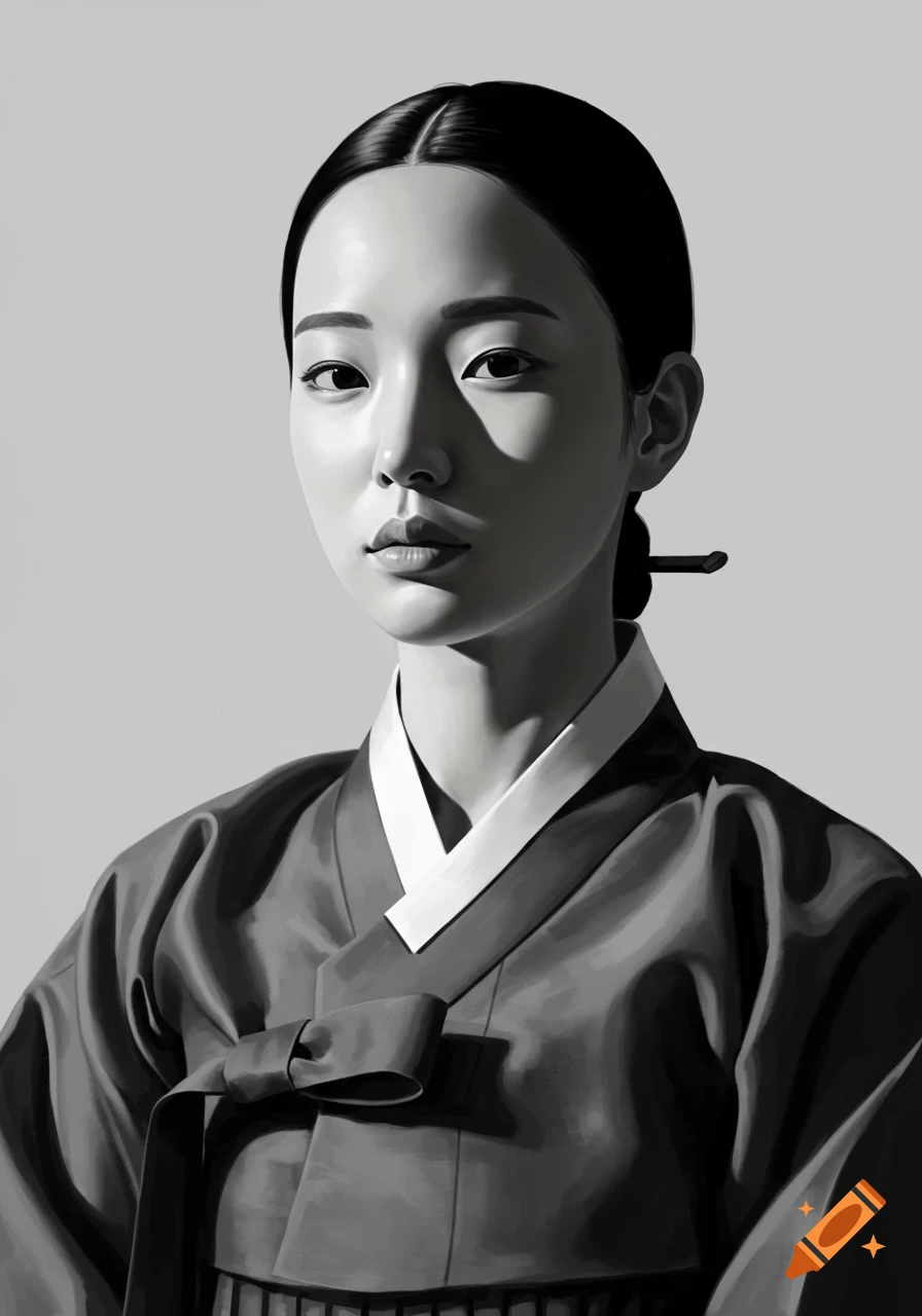 Black and white portrait of a young Korean woman with slicked-back hair wearing a traditional hanbok.