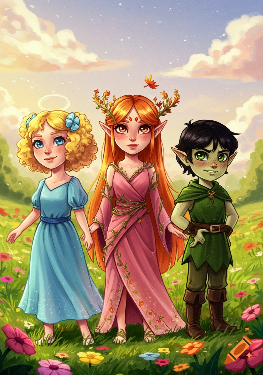 Three cartoon fantasy children, a blonde angel-like girl, an elf-girl with autumn leaves, and a green-skinned elf-boy, in a vibrant flower field.