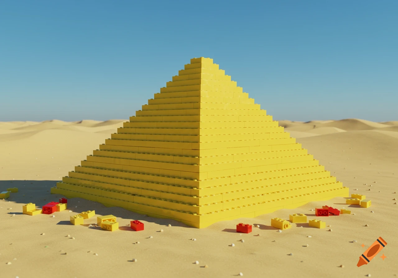 A large yellow LEGO pyramid stands in a desert under a clear blue sky, with scattered red and yellow LEGO bricks on the sand.