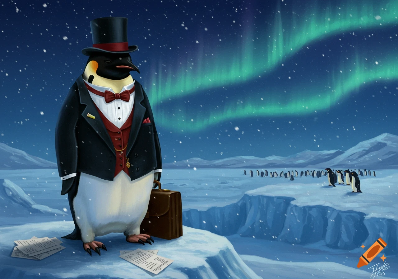 An illustration of a dignified penguin in a top hat and tuxedo, holding a briefcase, standing on an ice floe under the aurora borealis.