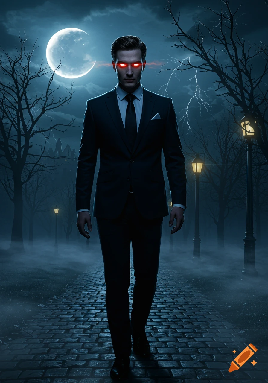 A man in a suit with glowing red eyes walks on a foggy cobblestone path under a full moon and lightning.