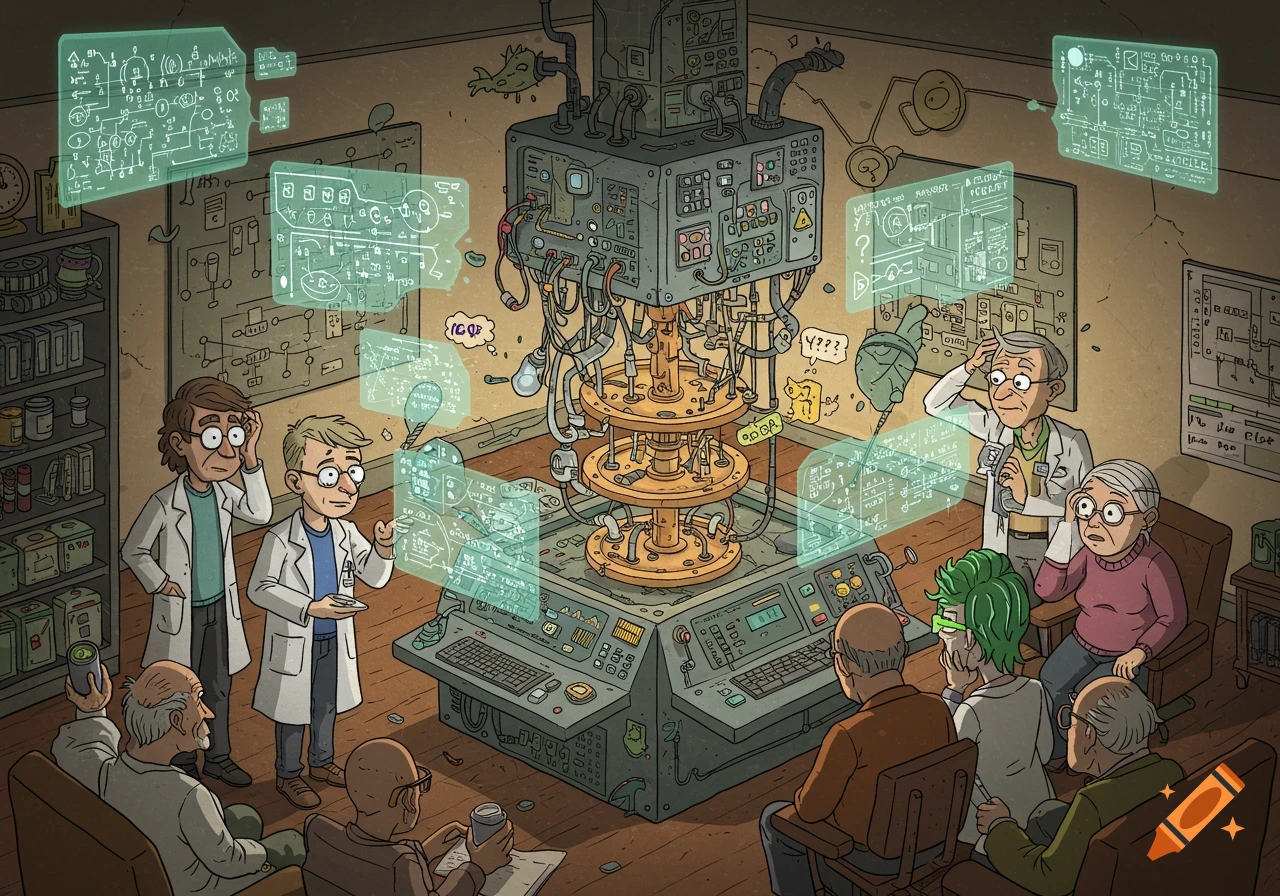 A funny cartoon shows a quantum computer with several puzzled scientists and onlookers observing holographic displays and intricate machinery.