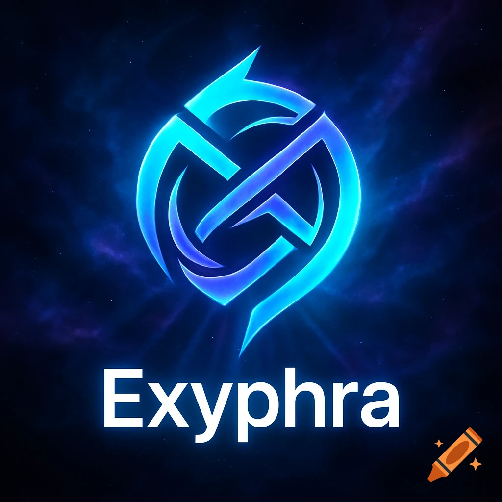 A glowing blue and cyan stylized geometric logo with the word 'Exyphra' in white text below it, set against a dark, cosmic background.