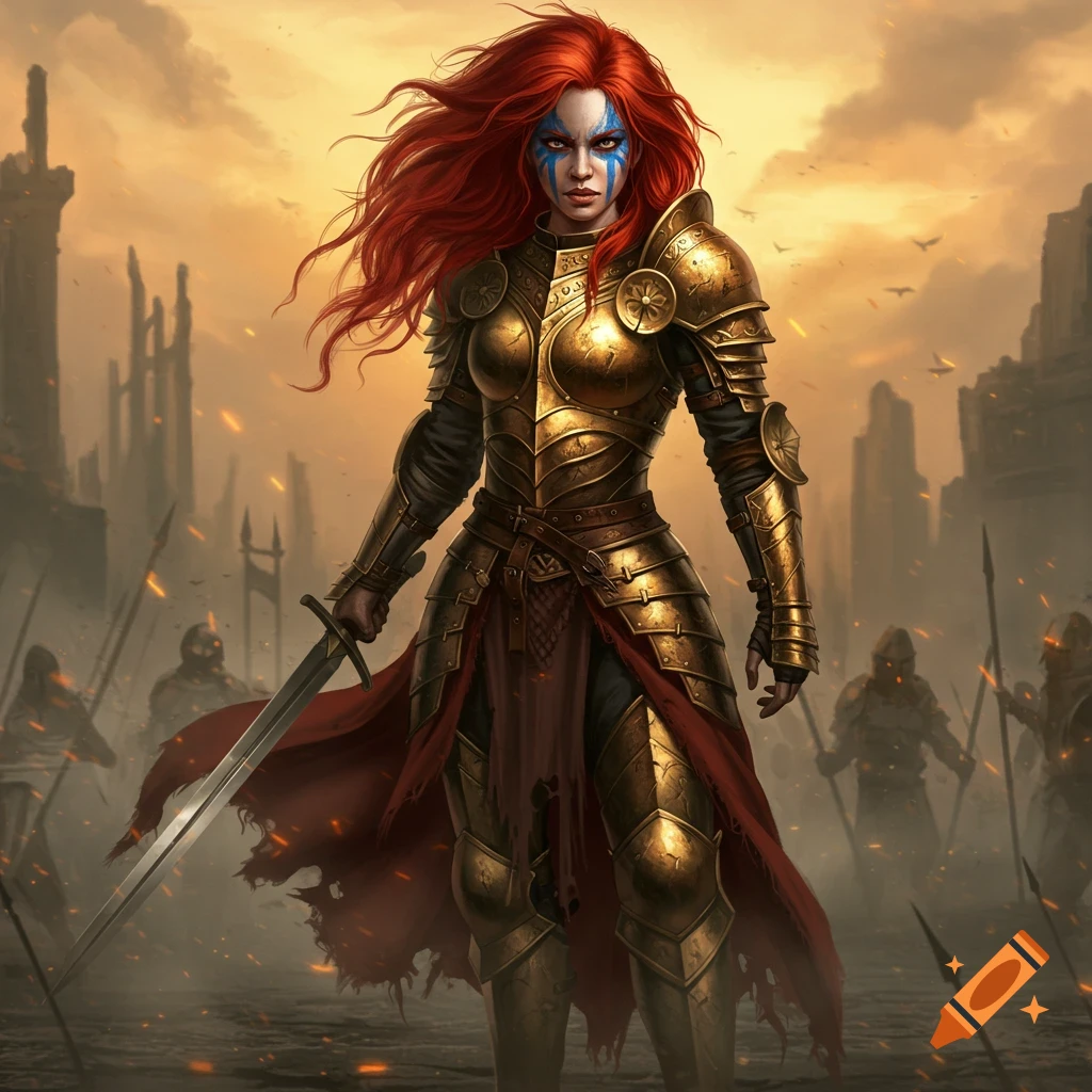 A fierce red-haired woman warrior in golden armor with blue war paint stands defiantly, holding a sword on a smoky battlefield at sunset.