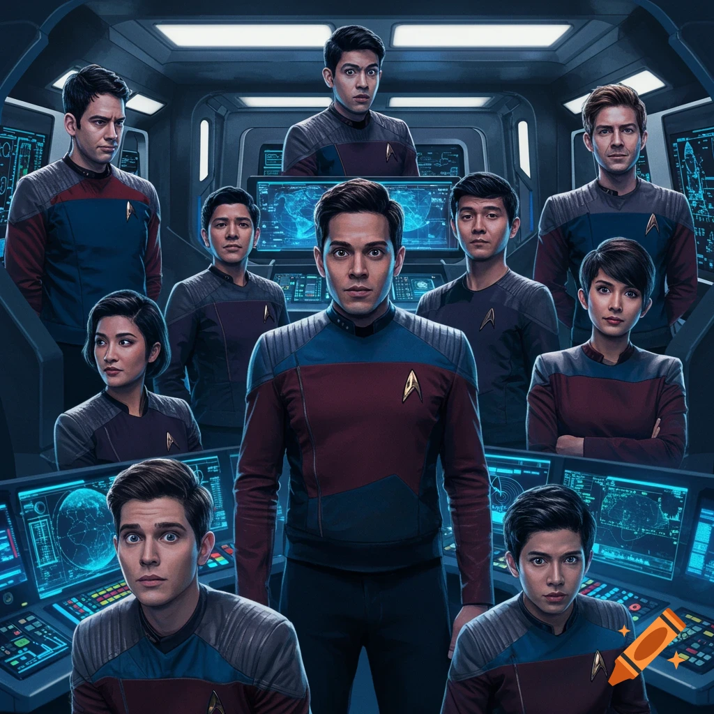 A diverse crew in Starfleet-like uniforms on a futuristic spaceship bridge.