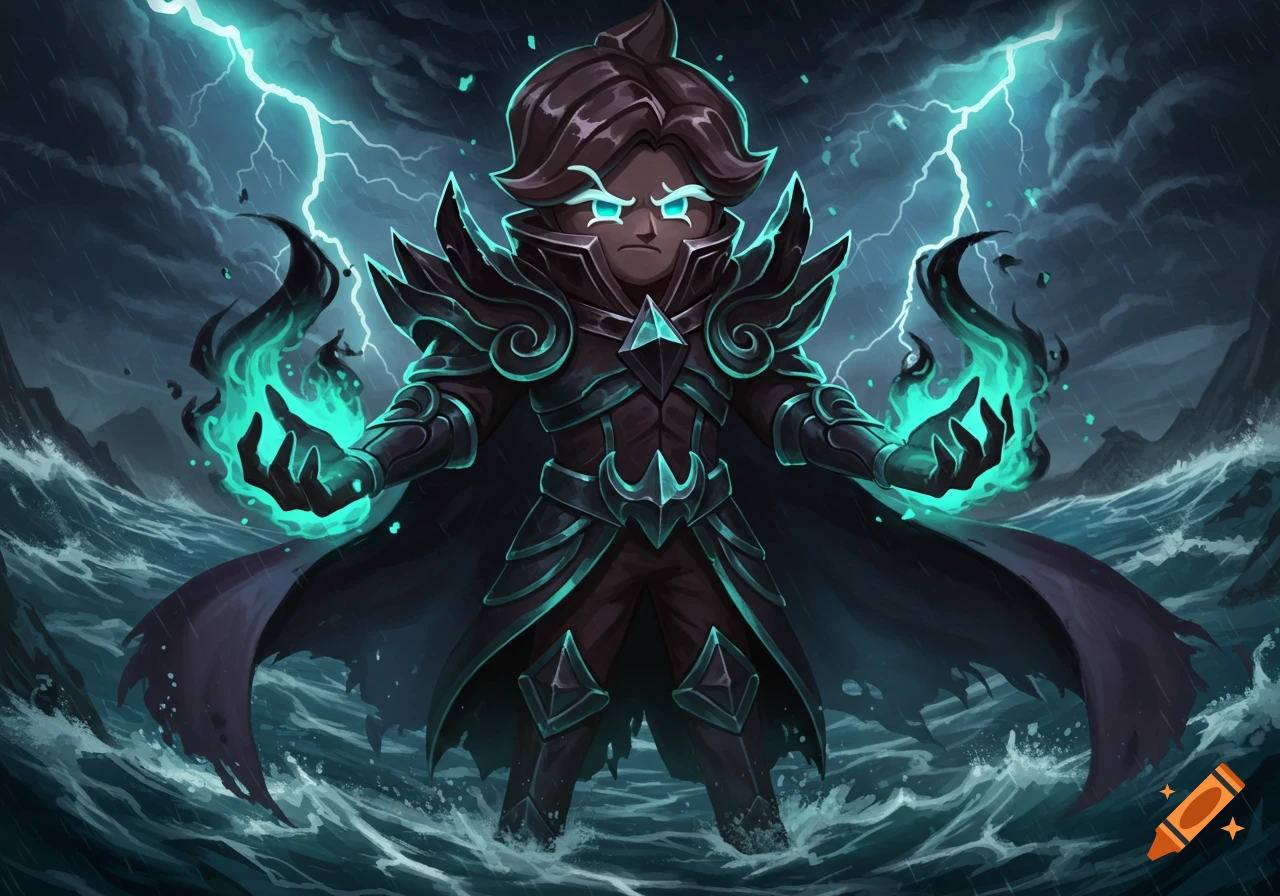 A cartoonish armored character with glowing blue eyes and hands stands in a stormy sea with lightning. The character has dark skin and an angry expression.