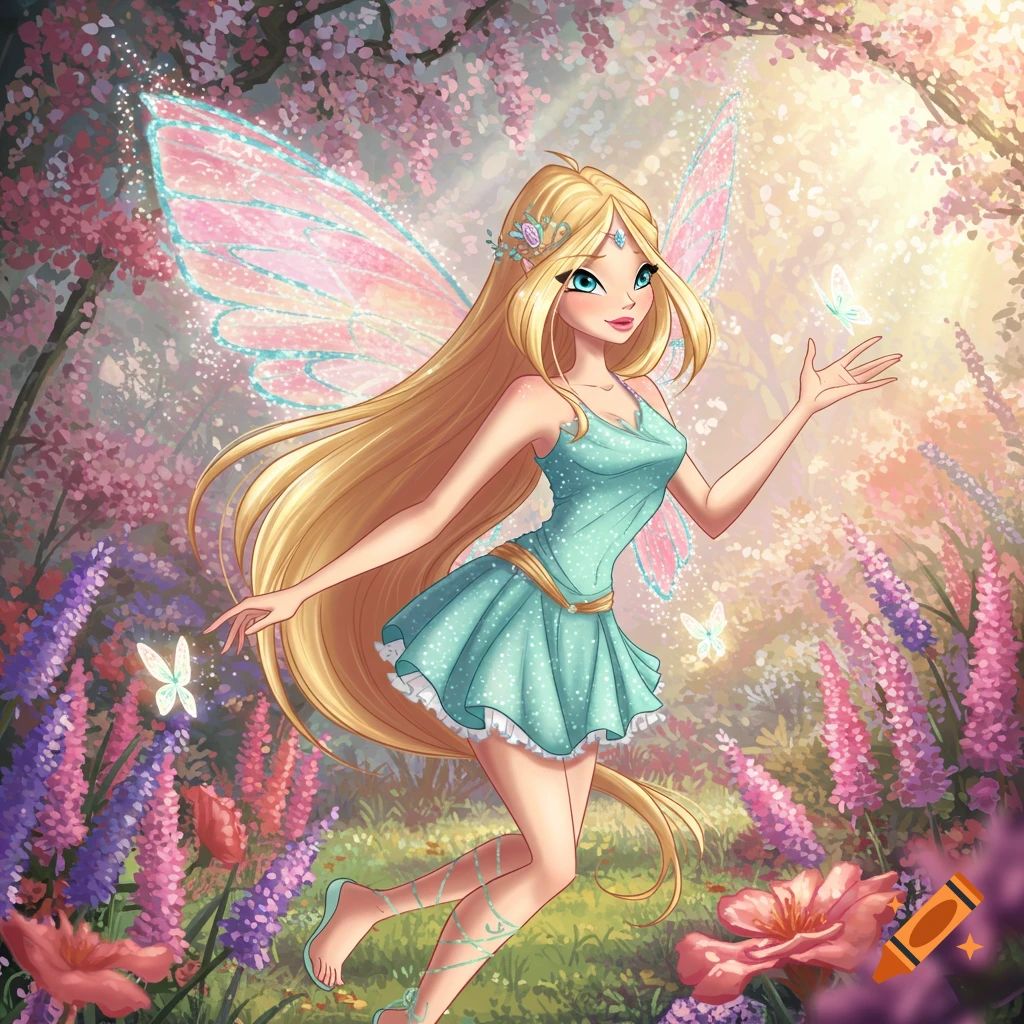 A beautiful blonde fairy with blue eyes and pink wings in a turquoise dress, surrounded by flowers and butterflies in a magical forest, in a cartoon art style.