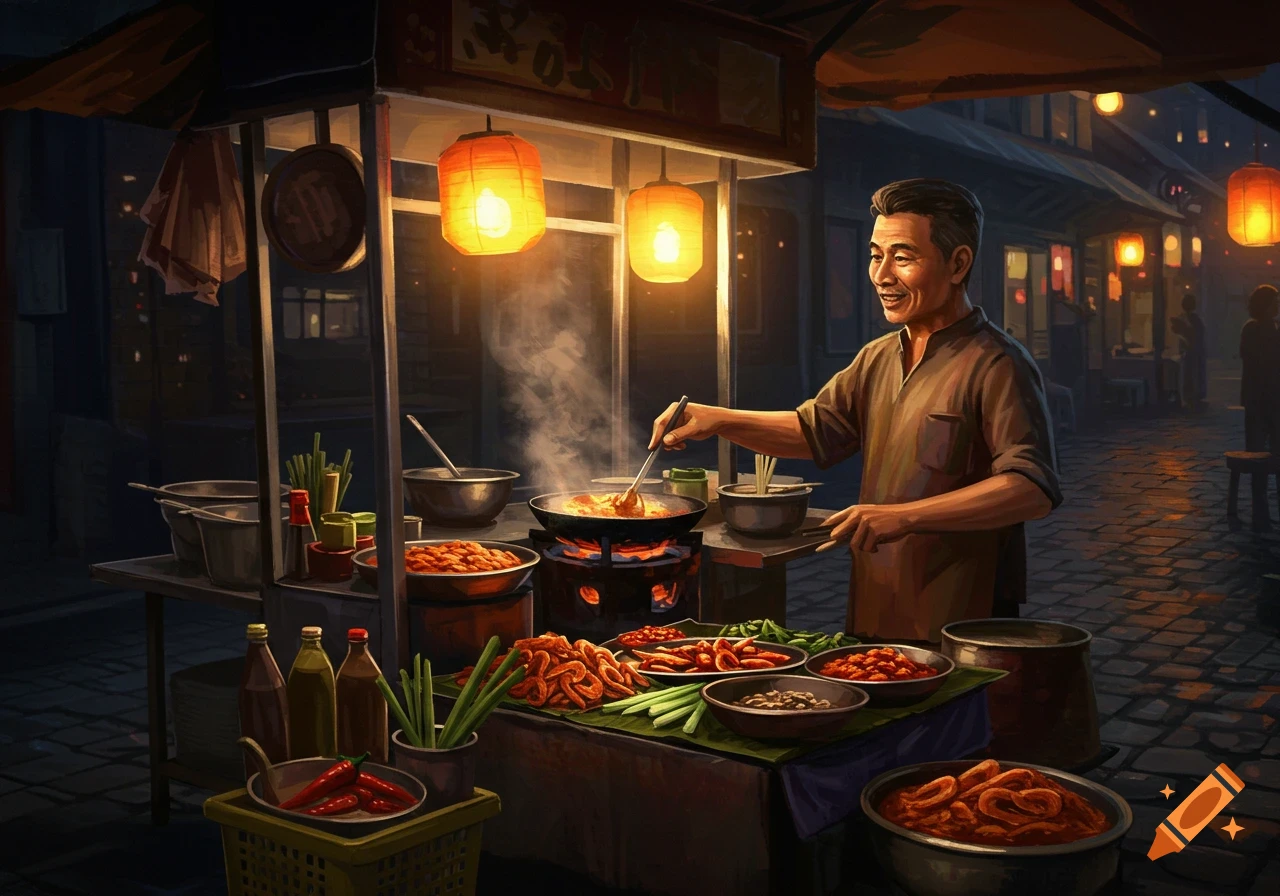 A smiling Asian street food vendor cooks at a vibrant night market stall, surrounded by ingredients and glowing lanterns.