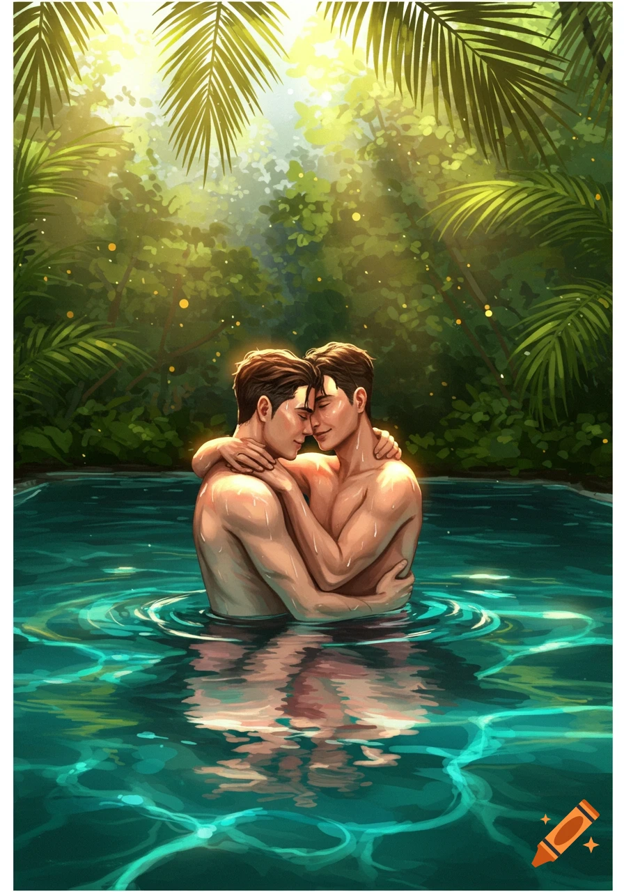 Digital illustration of two shirtless men embracing in a clear pool within a lush tropical jungle, with sunlight filtering through.