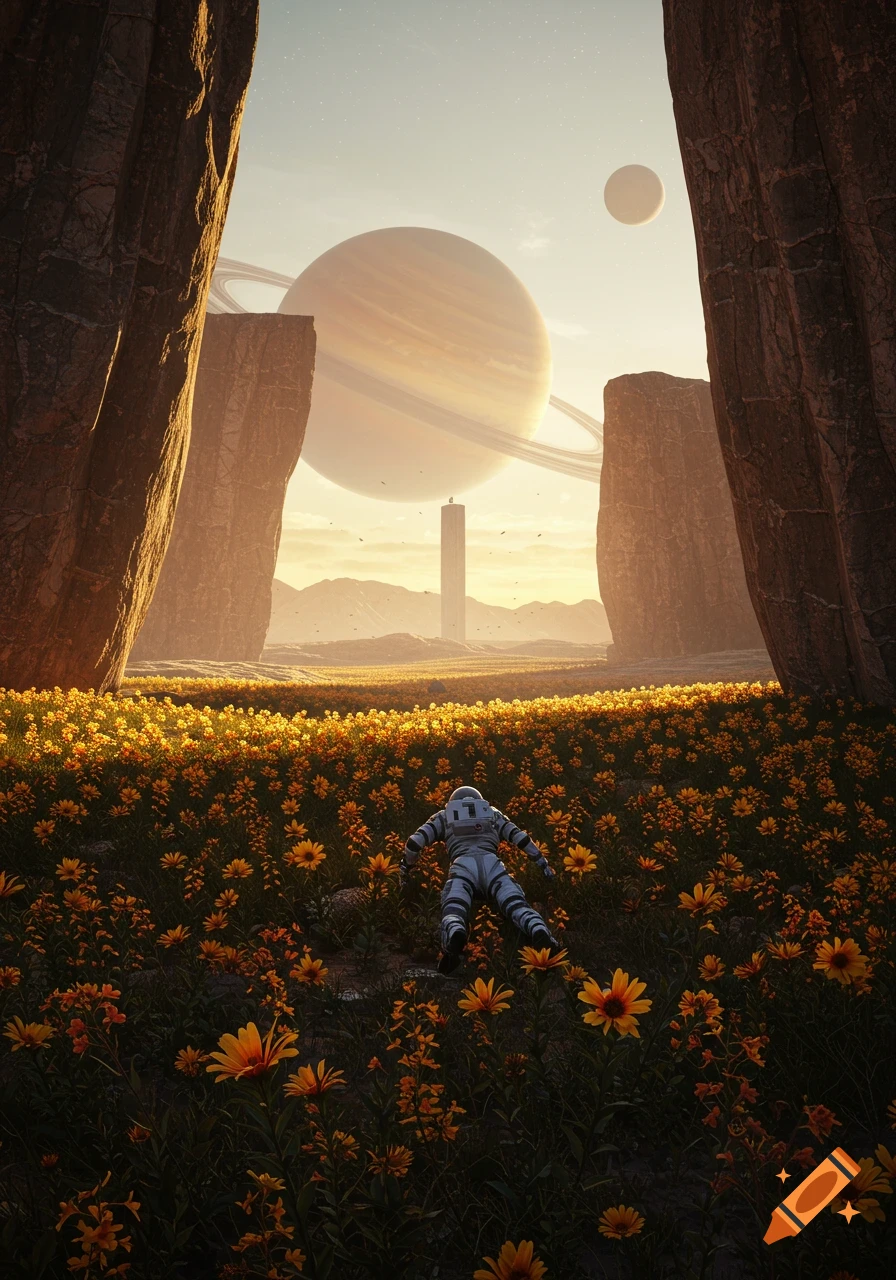 An astronaut lies face down in a field of golden-orange alien flowers, framed by canyons, with a ringed planet and moon in the sky.