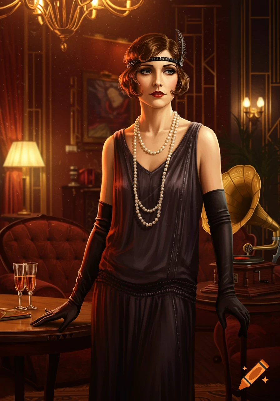 A stylish woman in a 1920s flapper dress and pearls stands in a richly decorated room with a gramophone.