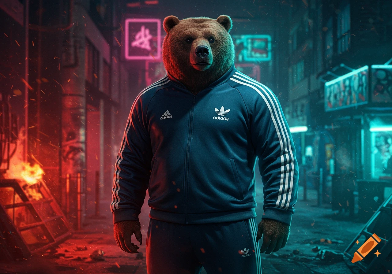 An anthropomorphic bear wearing a dark blue Adidas tracksuit stands in a neon-lit, gritty cyberpunk-style city alley with red and blue lighting and sparks in the air. Photorealistic.