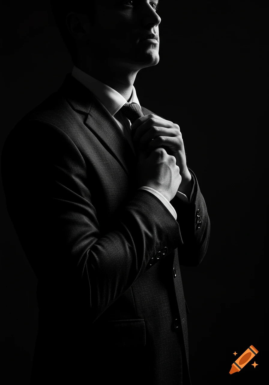 Black and white, high-contrast portrait of a man in a tailored suit adjusting his tie.