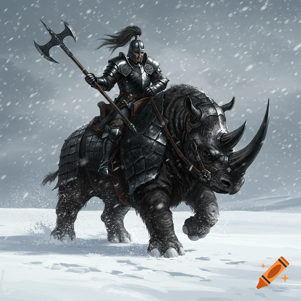 A heavily armored warrior rides a black armored woolly rhino through a snowy landscape, wielding a halberd.