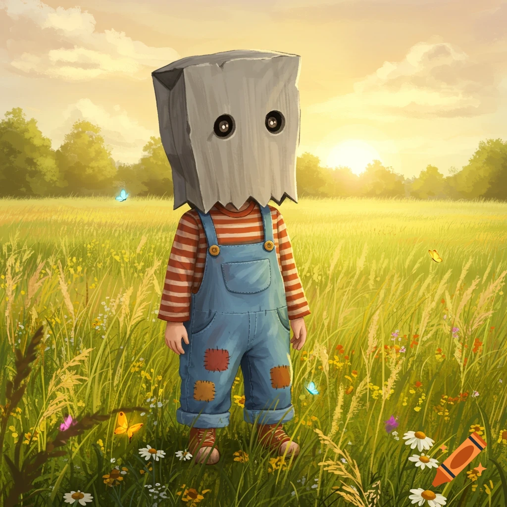 A child-like figure wearing a paper bag on its head and overalls stands in a sunny, grassy field with wildflowers.