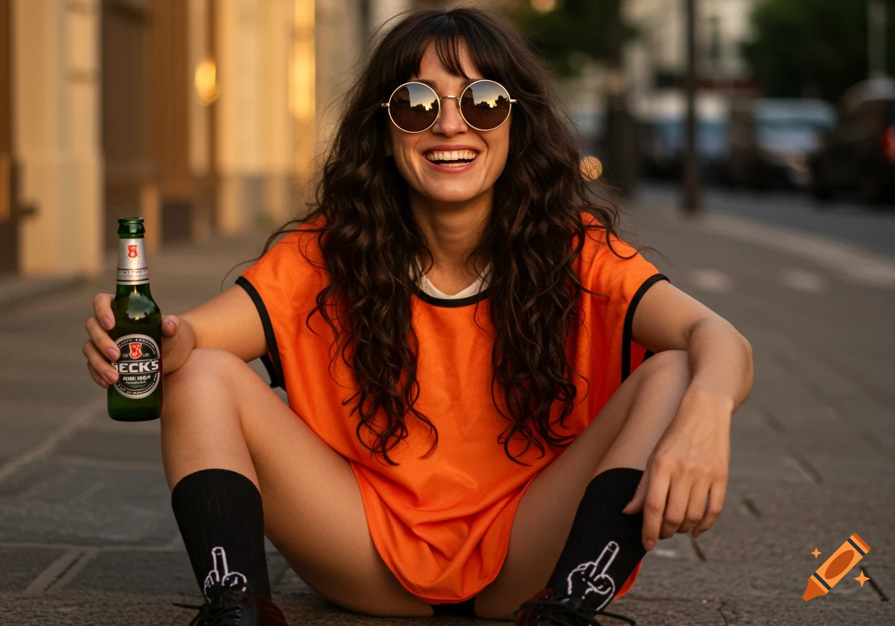 A smiling woman with curly hair and round sunglasses sits on a street, holding a Becks beer bottle and wearing black socks with a white middle finger design.