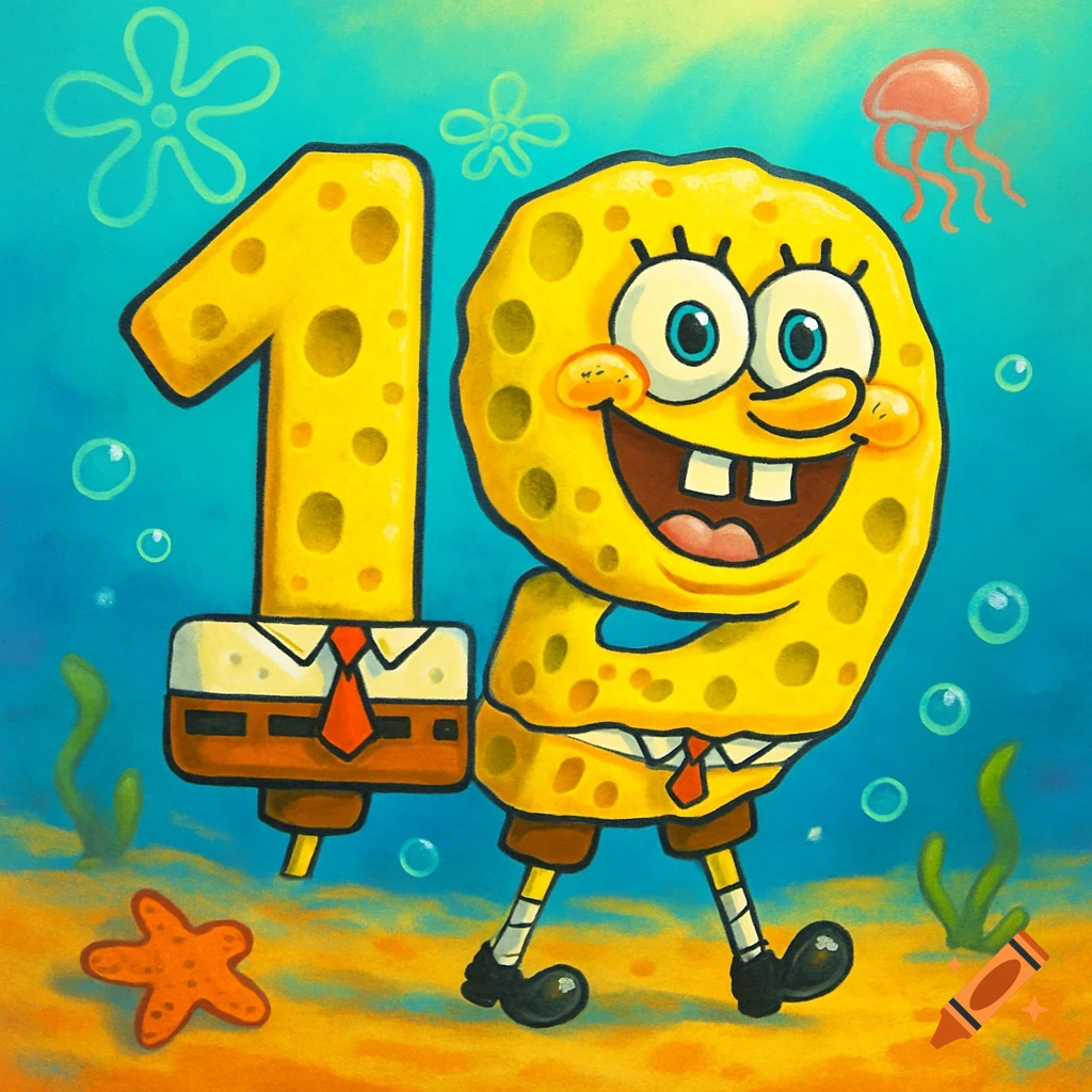 A vibrant cartoon illustration depicting the number '19' underwater, with the '9' resembling SpongeBob SquarePants.