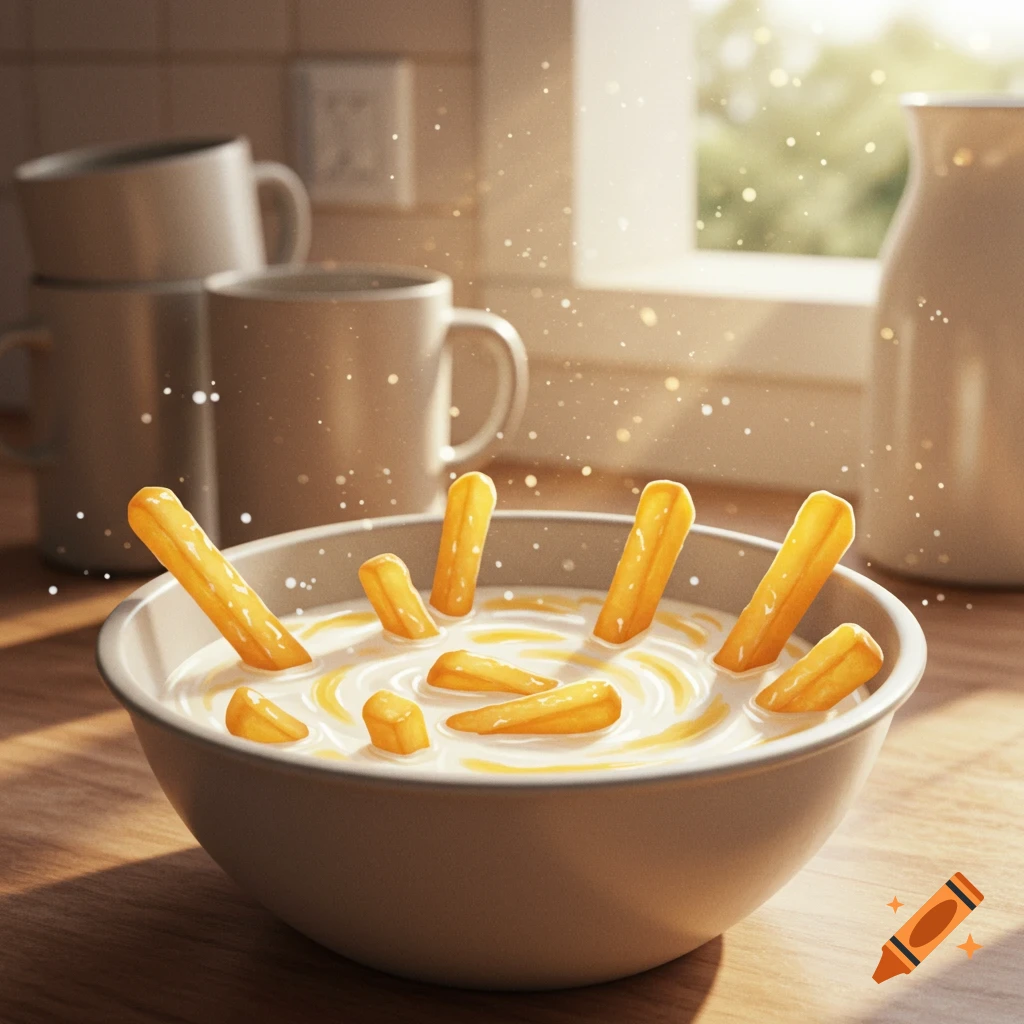 A bowl of French fries in milk on a wooden table, resembling cereal, with mugs and a window in the background.
