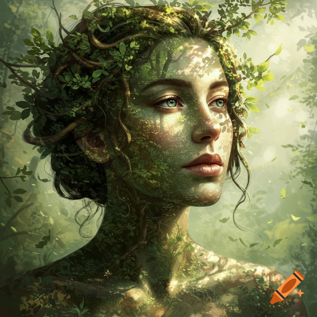 A woman's face and upper body are artistically integrated with green leaves and branches, creating a nature spirit in a sunlit forest.