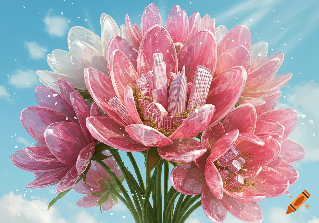 A surreal bouquet of pink and white glass flowers, each petal containing miniature cityscapes of glass buildings against a bright blue sky.