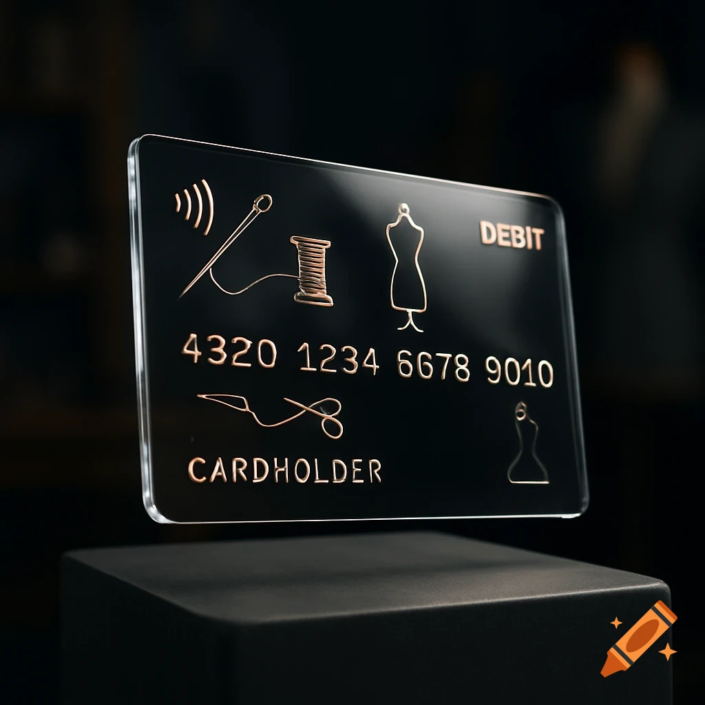 Ultra realistic transparent glass debit card with rose-gold embossed tailor icons, floating above a matte pedestal.