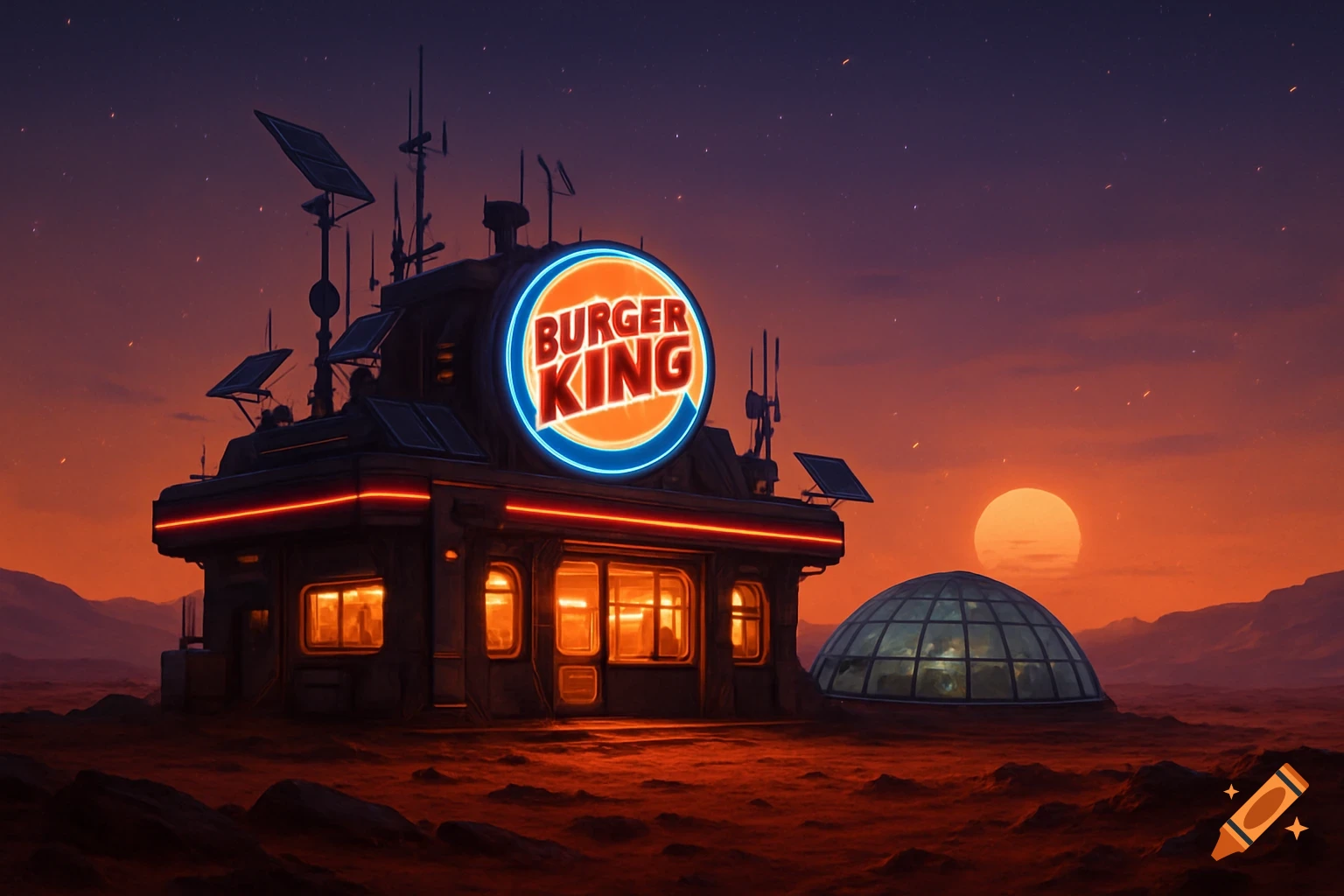 A neon-lit Burger King restaurant on the red Martian landscape at sunset, with a glass dome and solar panels.