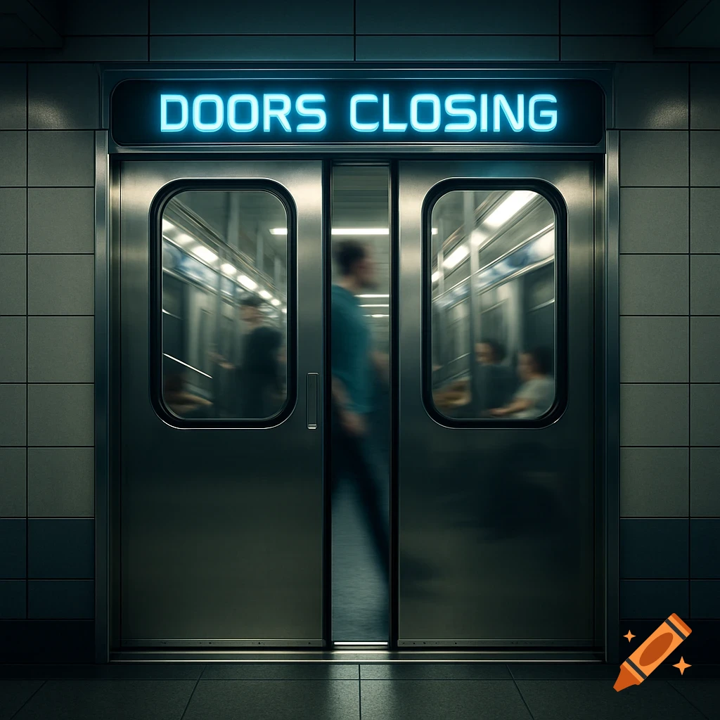 Photorealistic image of closing subway train doors with a glowing 'DOORS CLOSING' sign above.