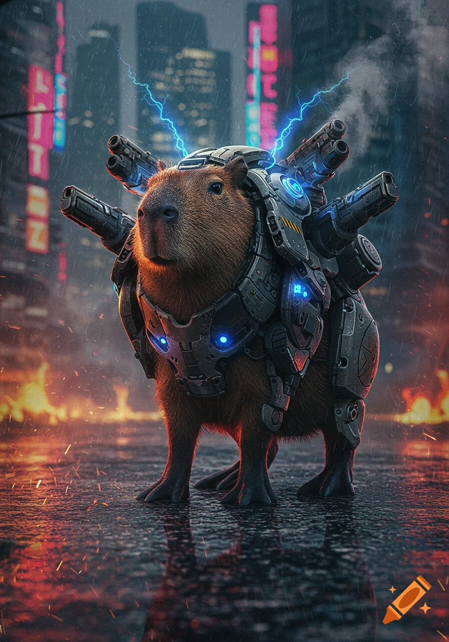 A capybara in a detailed sci-fi mech suit with multiple guns and glowing blue accents stands on a wet street in a rainy cyberpunk city.
