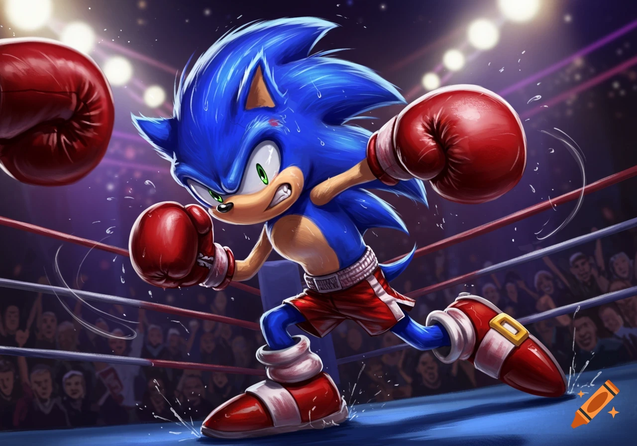 Sonic the Hedgehog in red boxing shorts and gloves, dodging a punch in a boxing ring, with sweat flying and a crowd in the background. Stylized art.