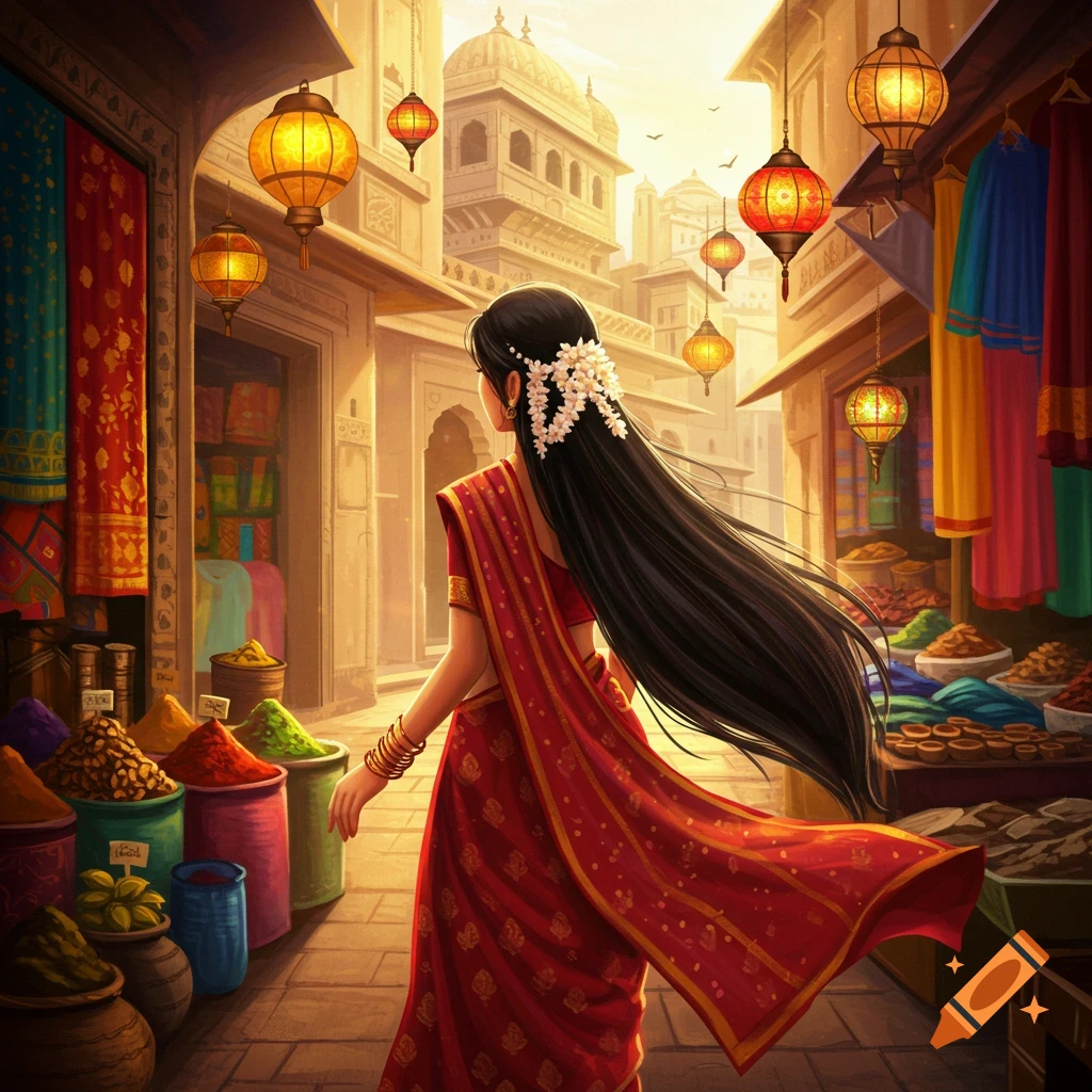 An Indian woman in a red saree walks through a bustling, colorful market with spices and lanterns, in an artistic style.
