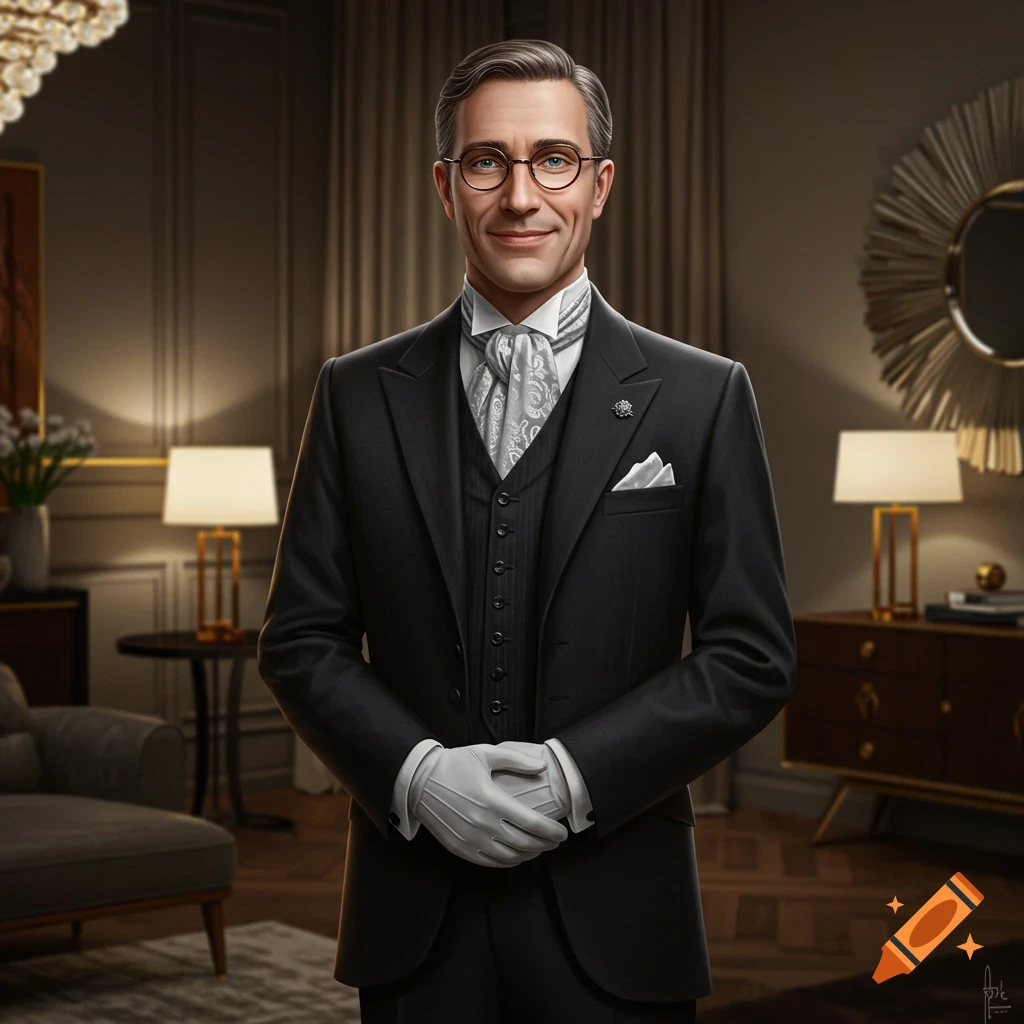 Photorealistic portrait of a smiling butler in a black suit, white gloves, and glasses, standing in a luxurious room.