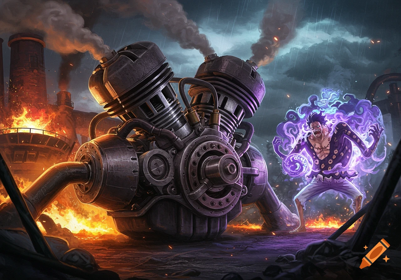 A powerful anime-style character with purple energy clashes against a massive, detailed engine in a fiery, smoke-filled industrial setting.