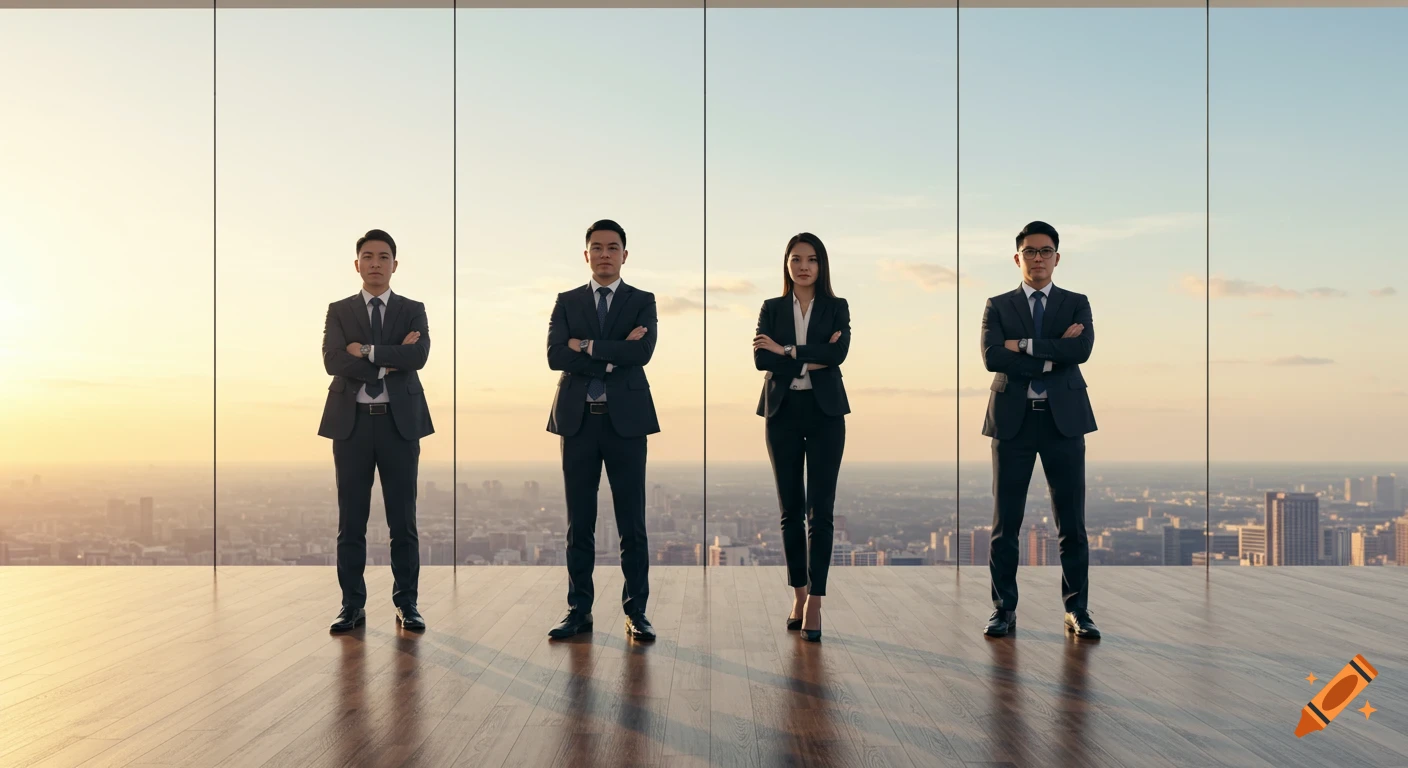 Four diverse business professionals in suits stand with crossed arms in a modern office, overlooking a city at sunset.