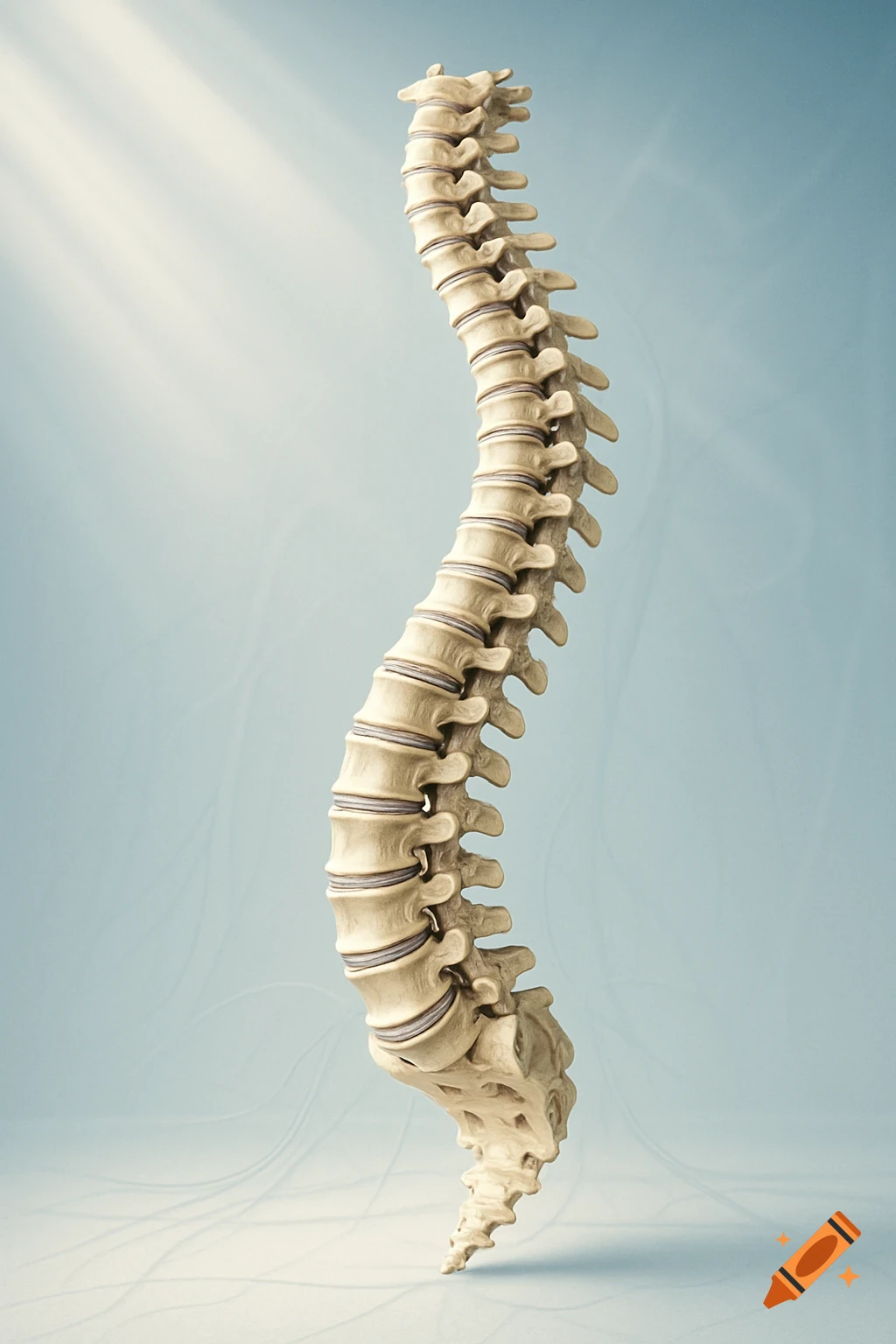 A detailed 3D rendering of a human vertebral column with intervertebral discs, depicted on a light blue background with subtle light rays.