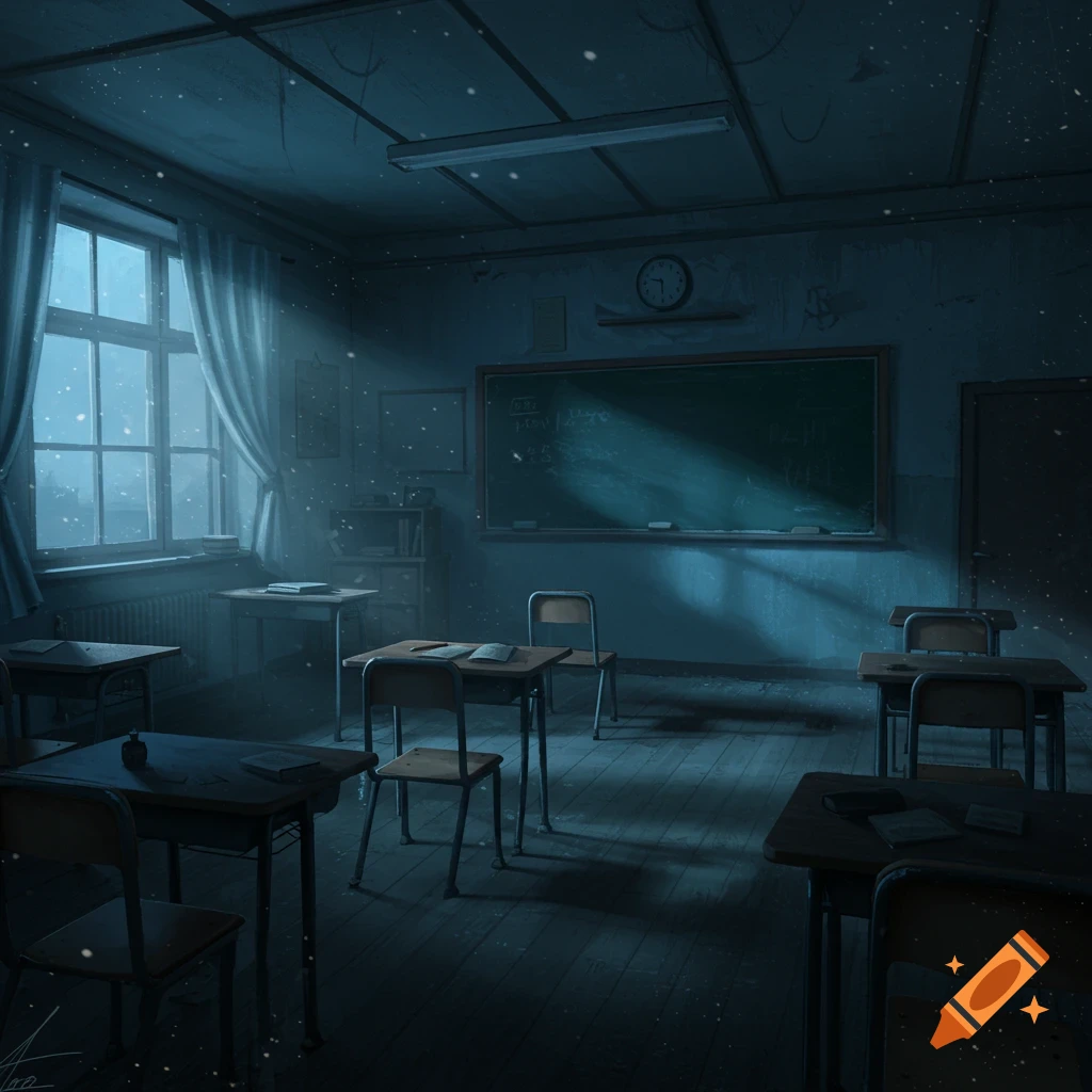 A dimly lit, eerie classroom with snow falling outside a large window and empty desks, conveying a quiet, atmospheric mood.