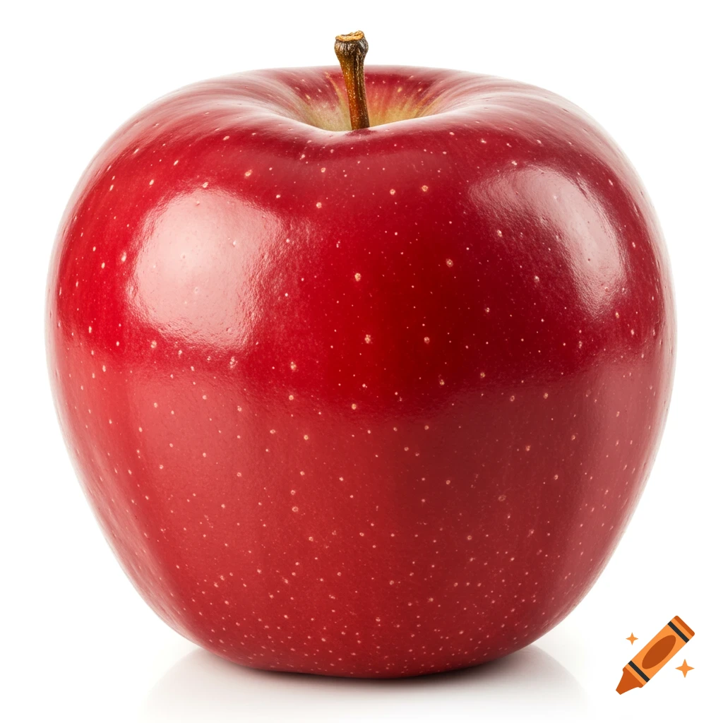 A vibrant red apple with a short stem, centered on a clean white background, photorealistic.