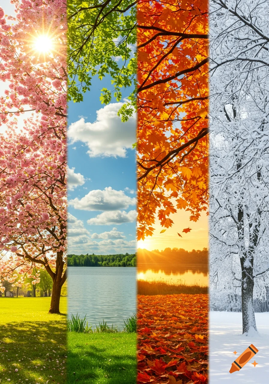 A vertical collage showing the four seasons: spring with pink blossoms, summer with a lake, autumn with orange leaves, and winter with snow.